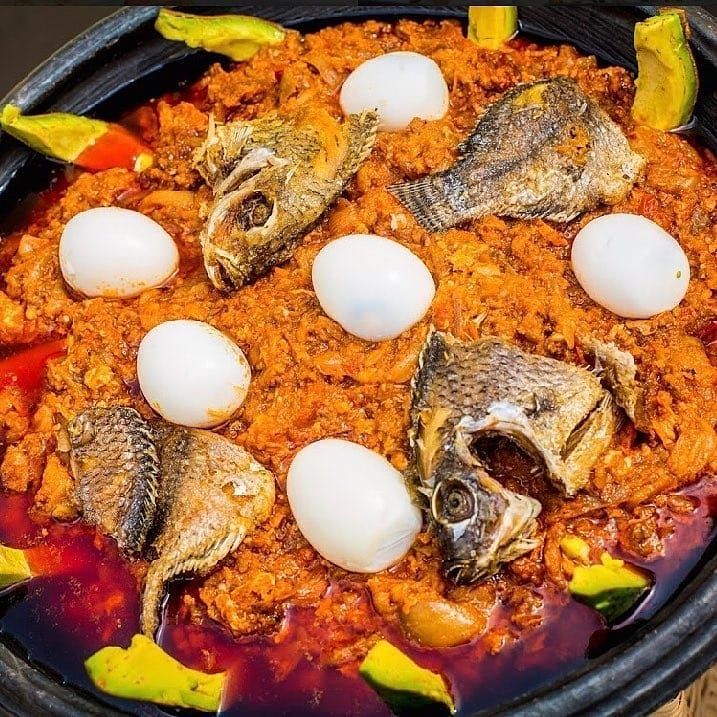 Authentic Ghanaian Eto dish with fish and eggs